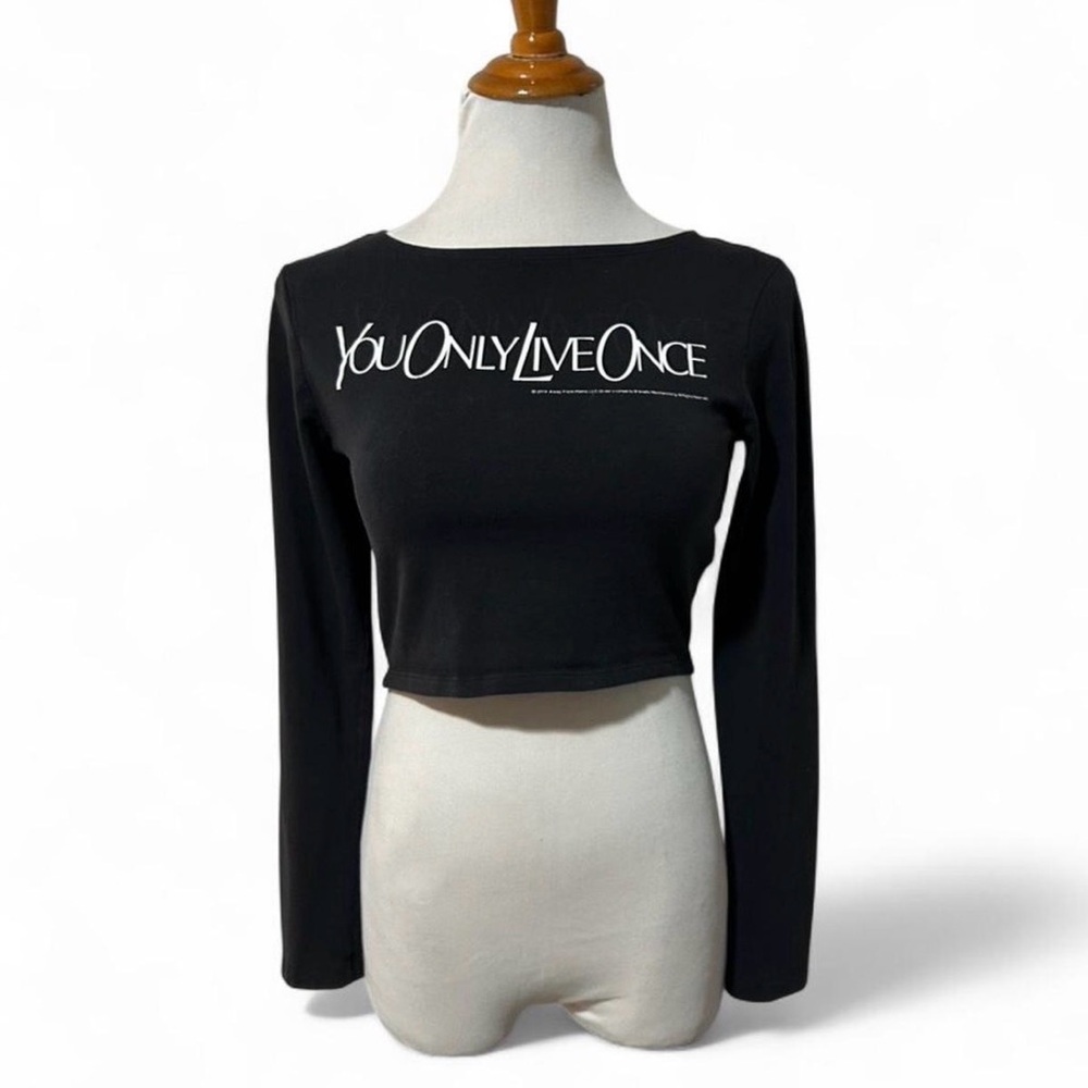 Divided Black Long Sleeve Crop Top with White Text